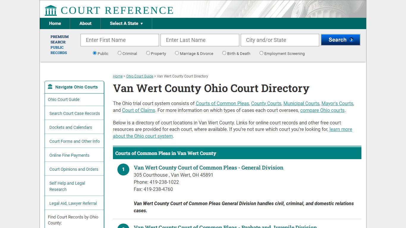 Van Wert County Ohio Court Directory | CourtReference.com